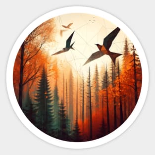 Low Poly Autumn Forest Treetops with Birds Sticker